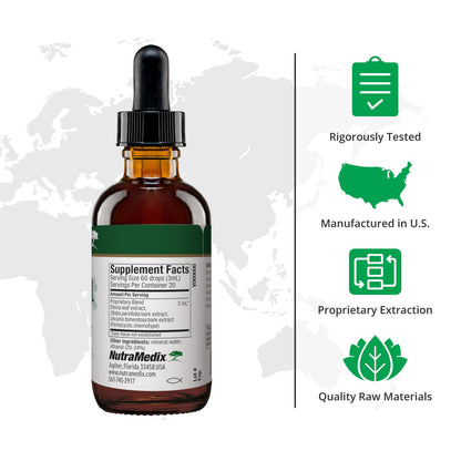 NutraMedix Nutra-BRL liquid herbal tincture bottle showcasing Samento Bark and Banderilla Bark ingredients list.