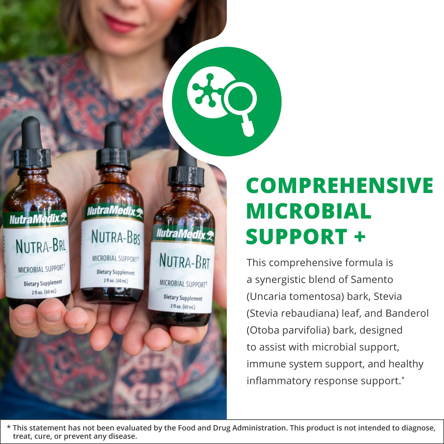 Side view of NutraMedix Nutra-BRL 4 Ounce premium microbial support supplement showing dosage instructions.