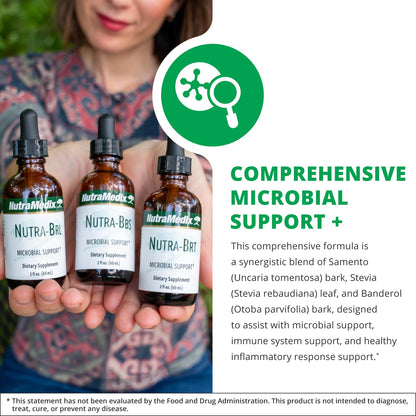 Side view of NutraMedix Nutra-BRL 4 Ounce premium microbial support supplement showing dosage instructions.