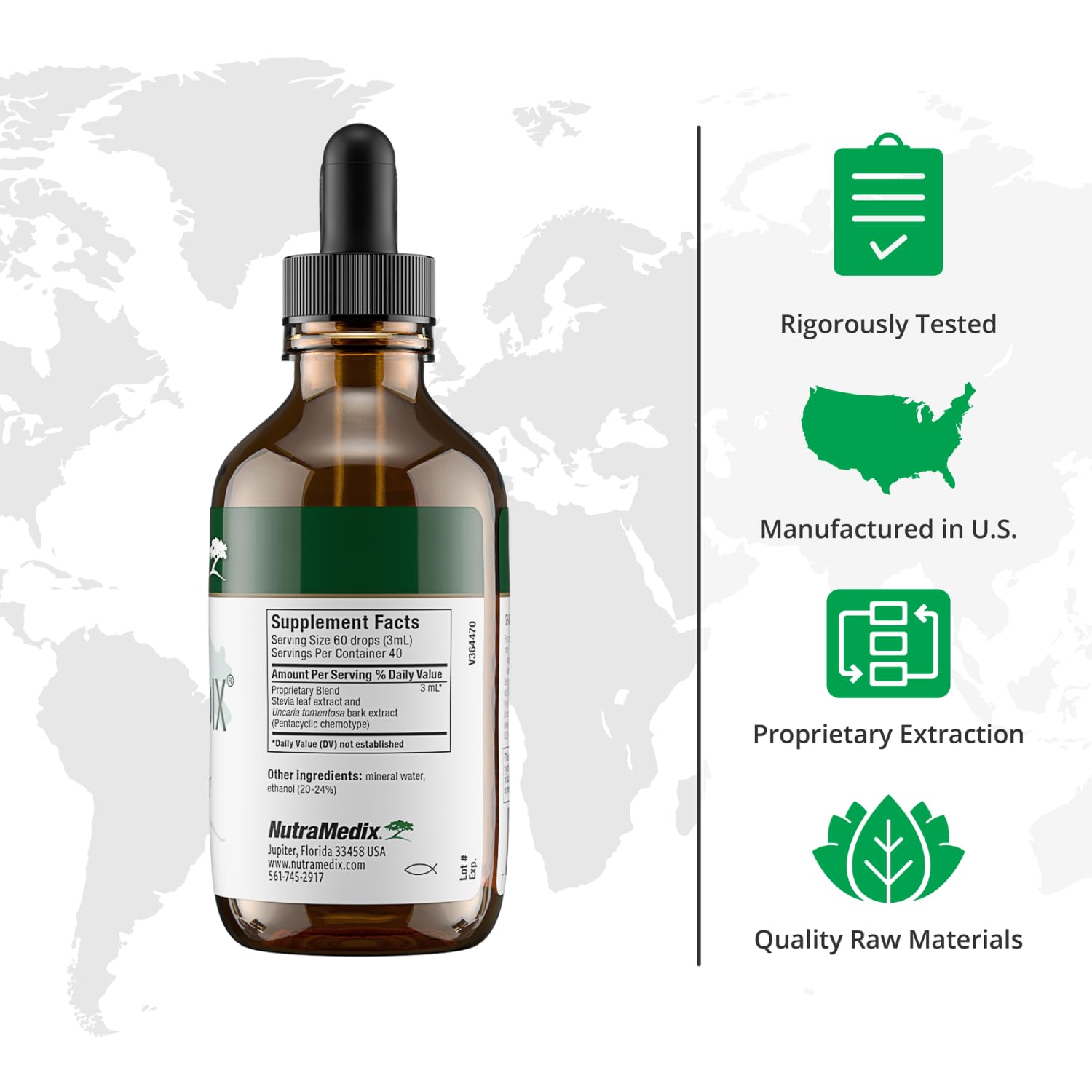 NutraMedix GlucoMedix liquid drops bottle side label showing the herbal ingredients and supplement facts.