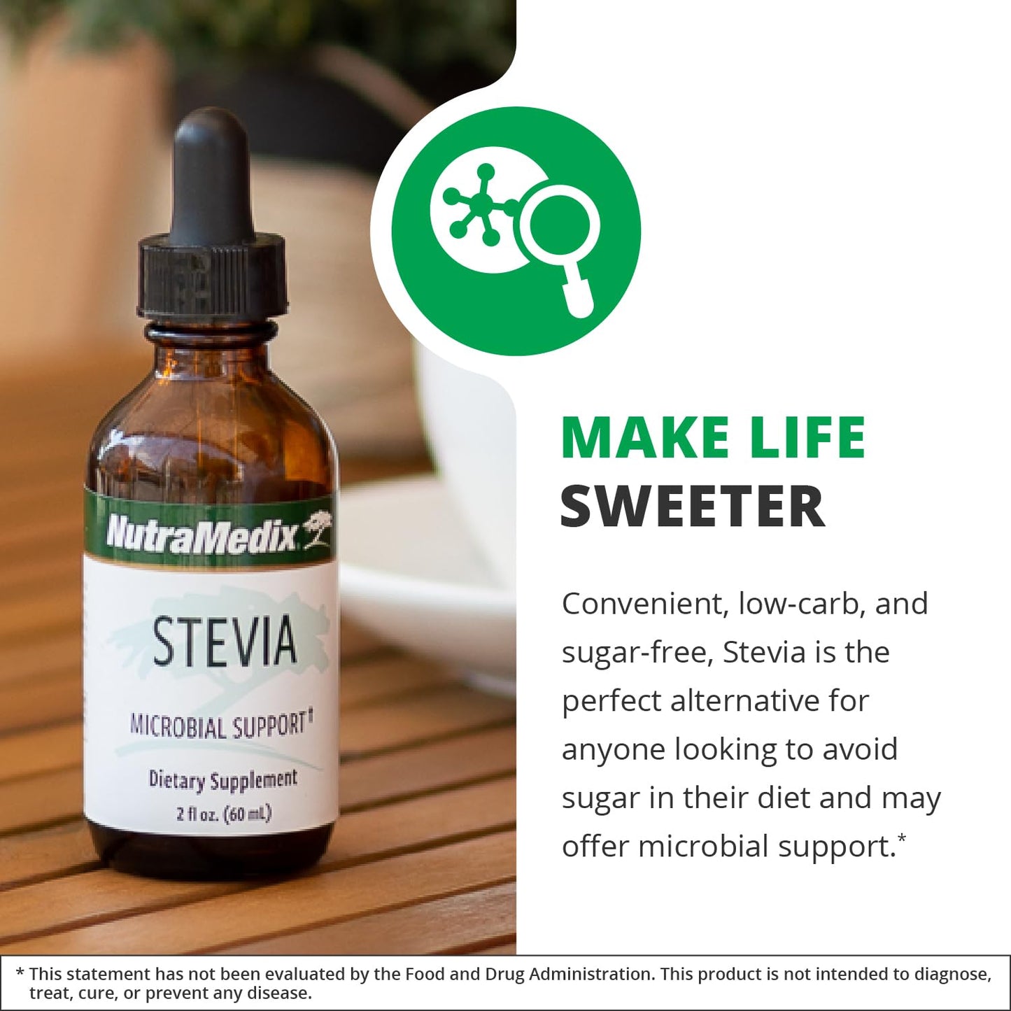 NutraMedix stevia liquid drops bottle showing microbial support product features