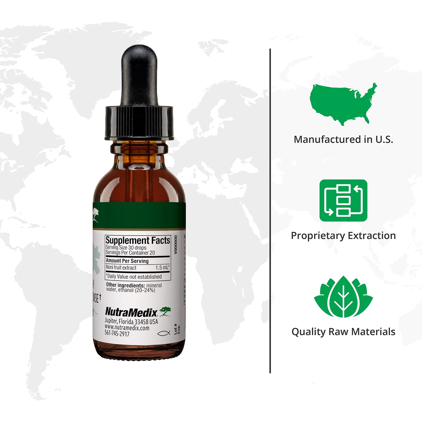 NutraMedix Noni liquid extract dropper bottle showcasing the premium supplement label details.
