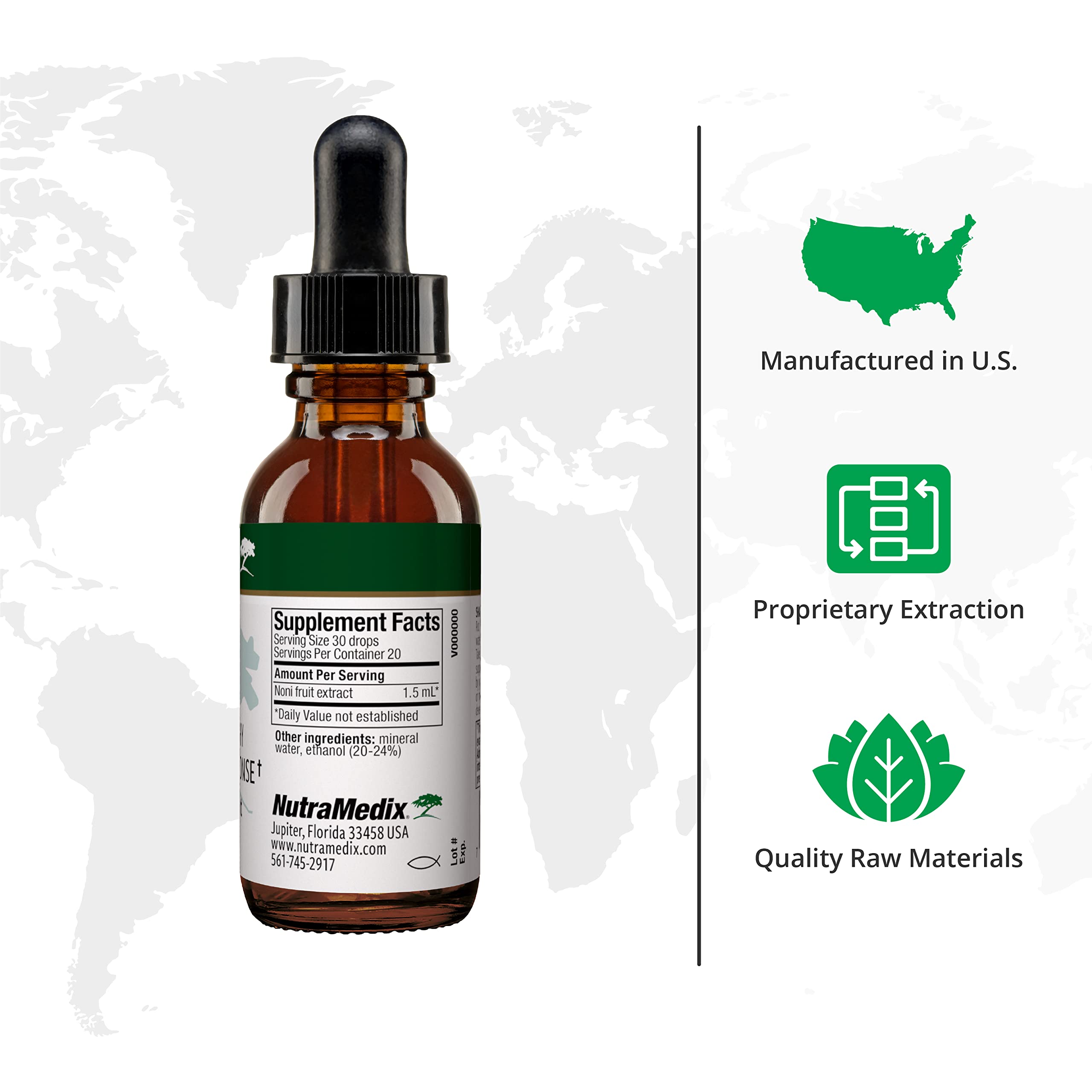 NutraMedix Noni liquid extract dropper bottle showcasing the premium supplement label details.