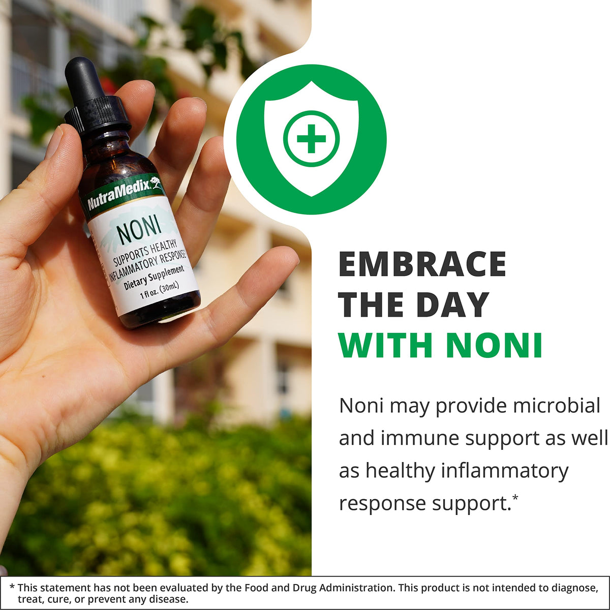 Side profile of NutraMedix Noni fruit extract dietary supplement detailing supplement facts.
