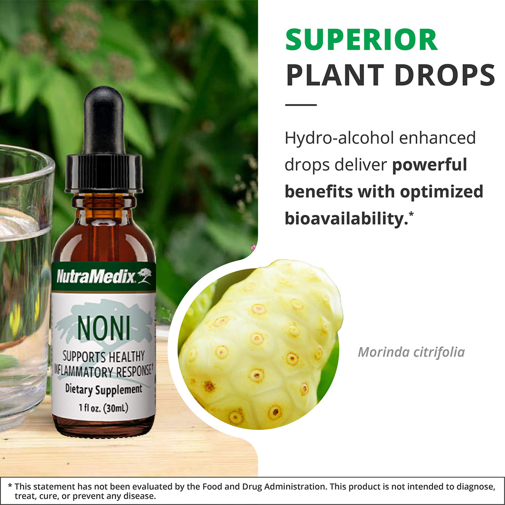 NutraMedix Noni one fluid ounce bottle with clear liquid dropper cap assembly.