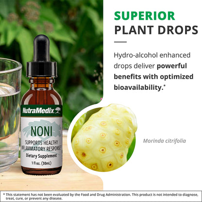 NutraMedix Noni one fluid ounce bottle with clear liquid dropper cap assembly.