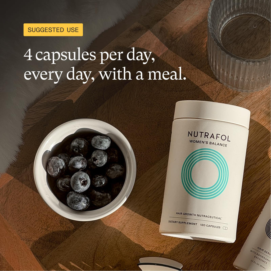 Nutrafol hair wellness supplement lifestyle and product arrangement