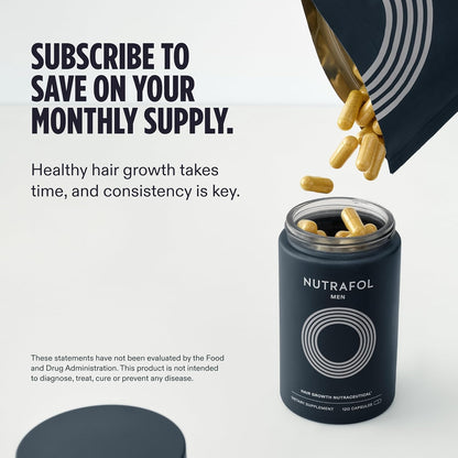 Nutrafol Men drug free hair supplement bottle showing product authenticity details