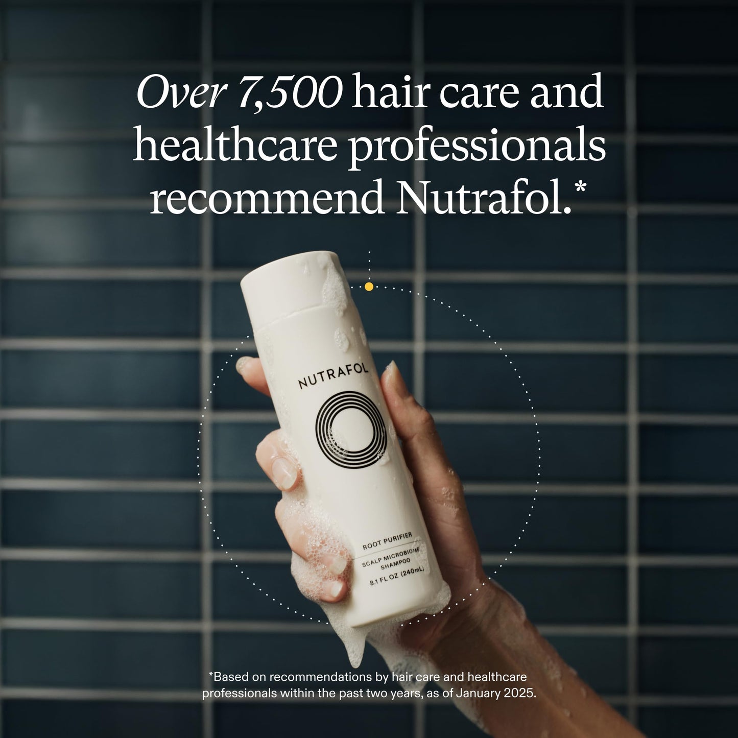 Physician formulated Nutrafol shampoo bottle showing ingredients for balancing the scalp microbiome