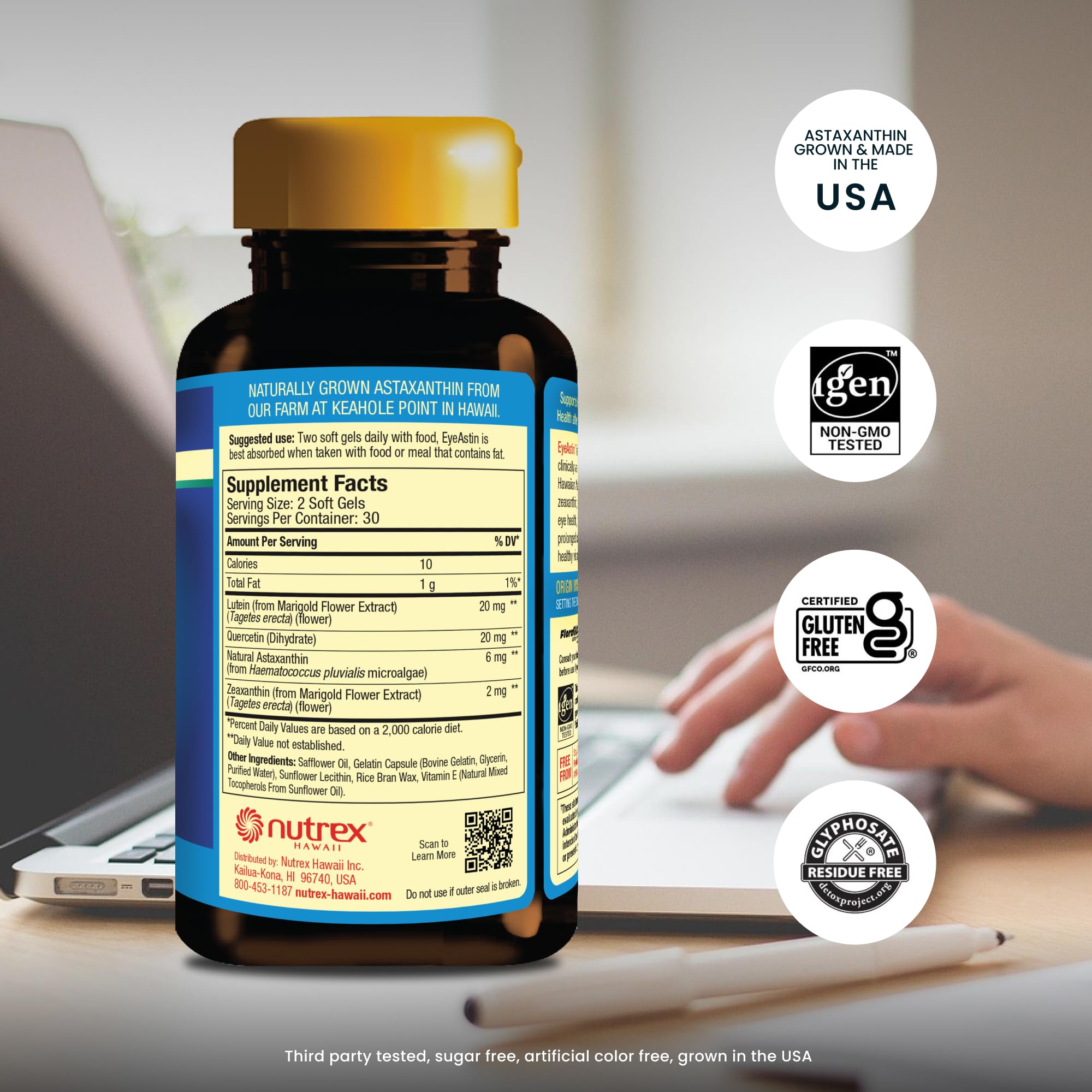 Nutrex Hawaii EyeAstin macular carotenoid complex supplement label details and nutrition facts.