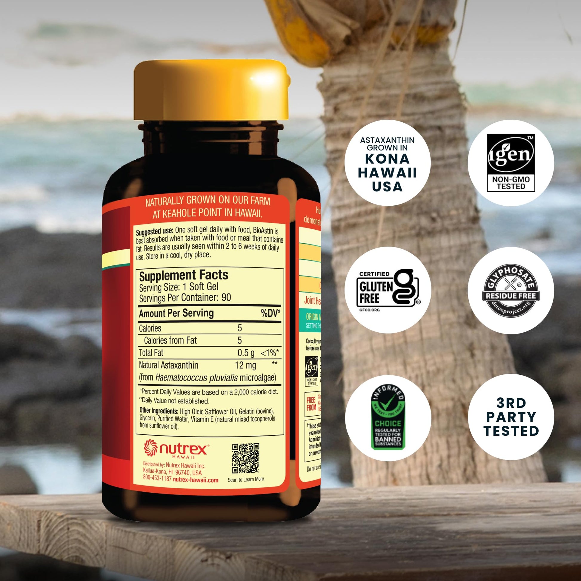 Nutrex Hawaii BioAstin 12 mg supplement facts and ingredient list on back label