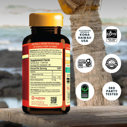 Nutrex Hawaii BioAstin 12 mg supplement facts and ingredient list on back label