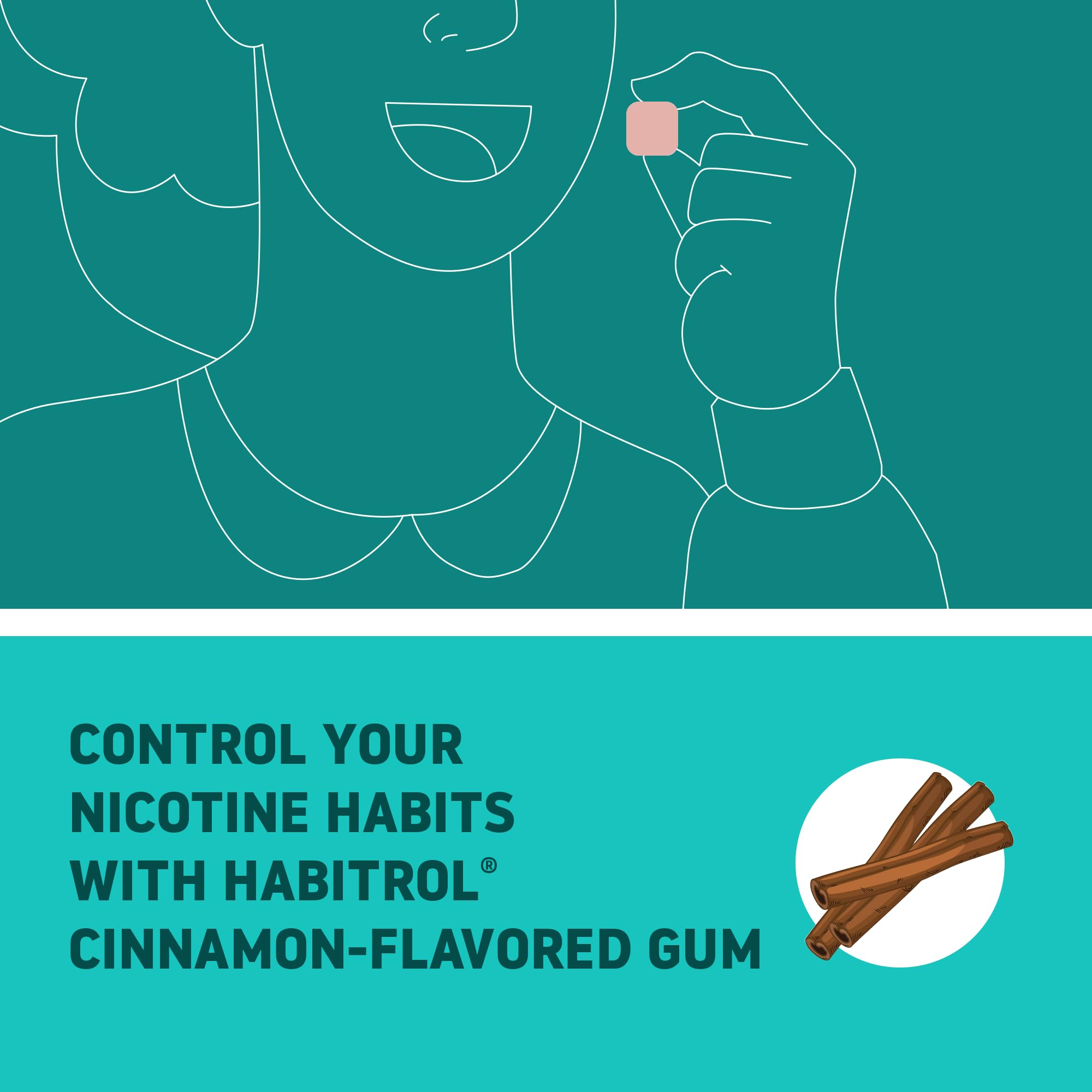 Side angle view of Habitrol 2 mg cinnamon flavor stop smoking aid showing drug facts and dosage details.