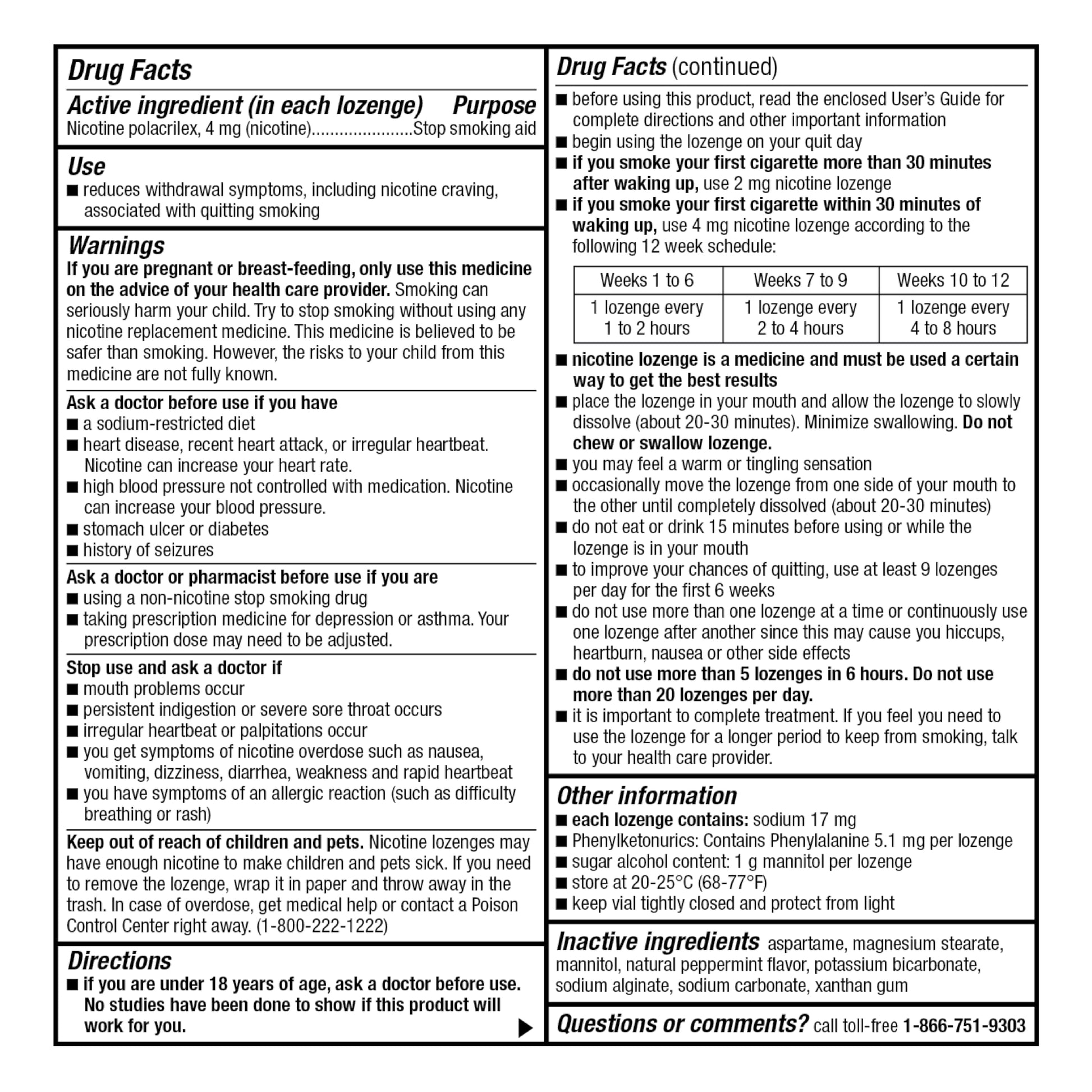 GoodSense Nicotine Polacrilex 4mg 144 lozenges drug facts and ingredients panel