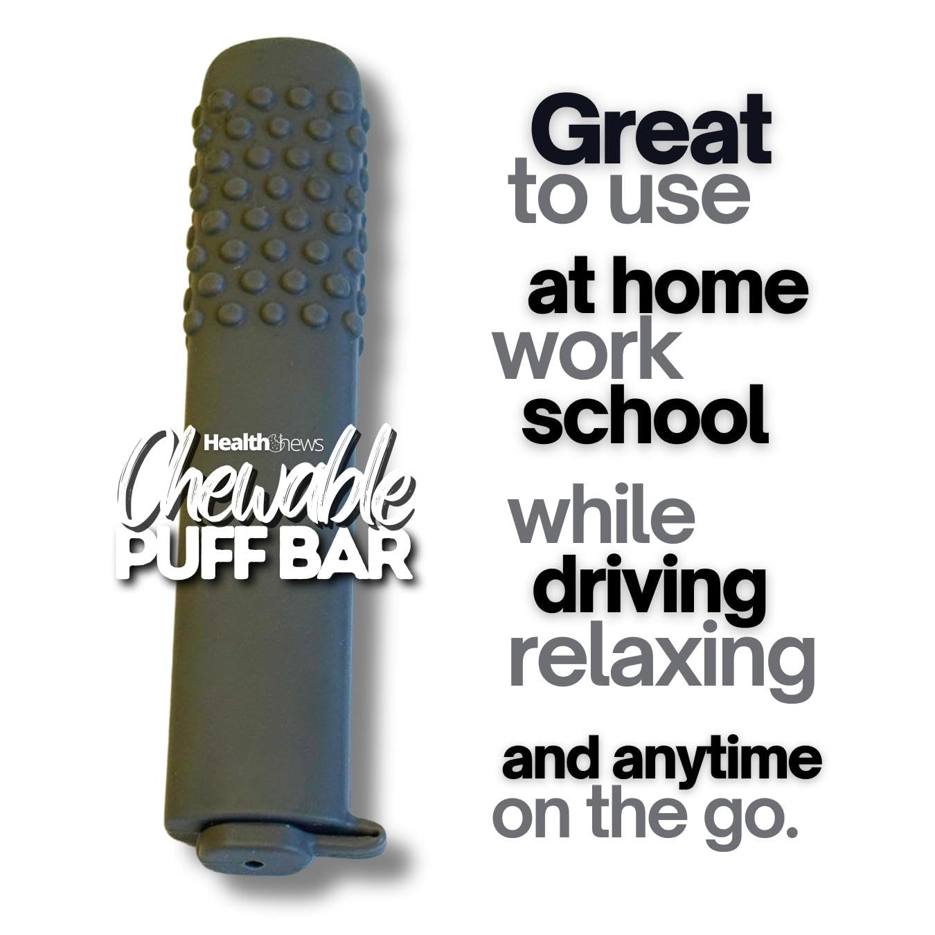 Health Chews aromatherapy inhaler lifestyle view held between fingers to demonstrate hand-to-mouth habit replacement.
