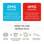 Back label of Quitine sugar free classic mint gum displaying the step by step drug facts and usage schedule