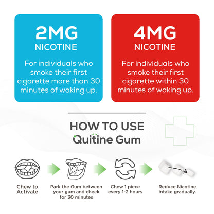 Back label of Quitine sugar free classic mint gum displaying the step by step drug facts and usage schedule
