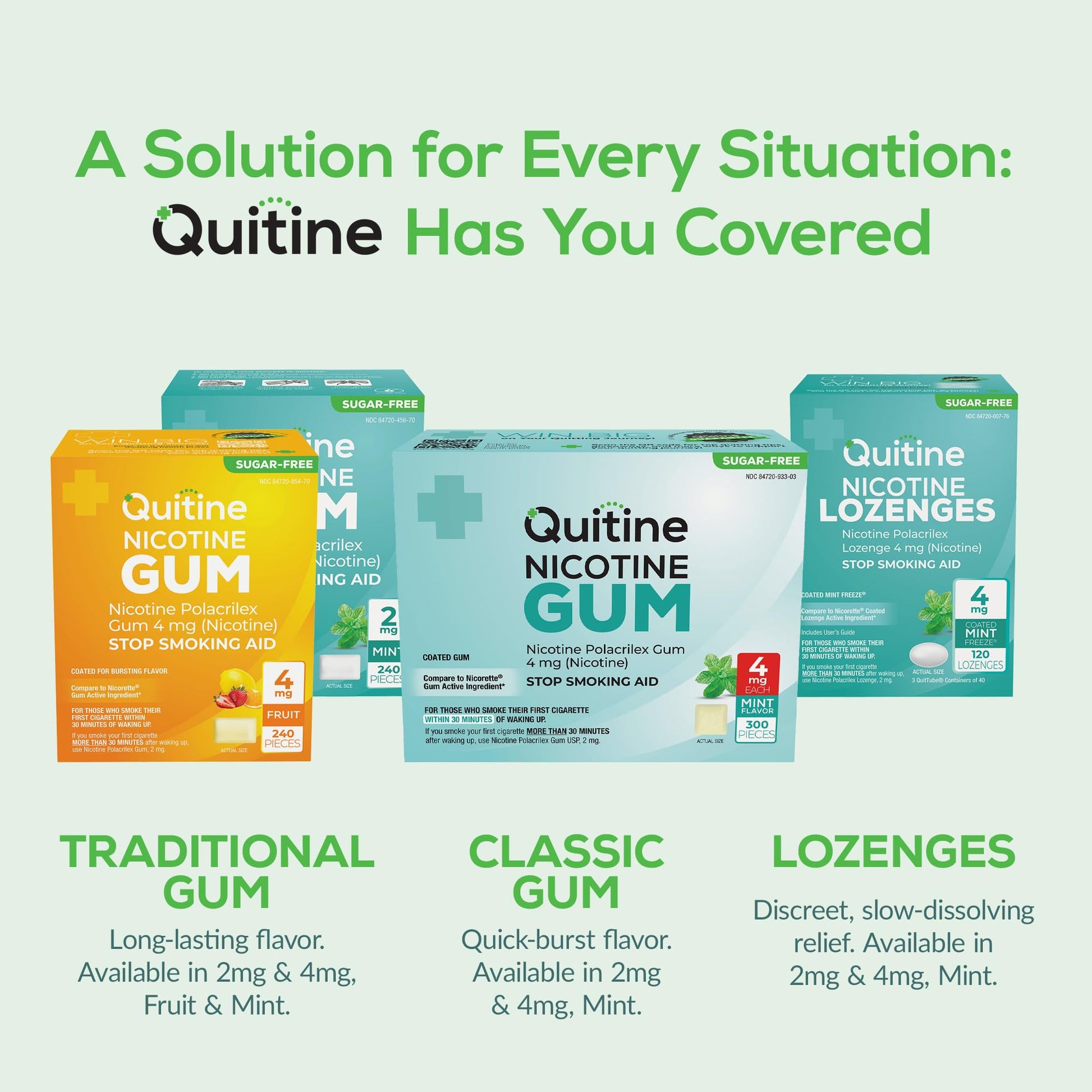 Full product bundle of Quitine nicotine gum four milligram showing the authentic sealed box for quality assurance