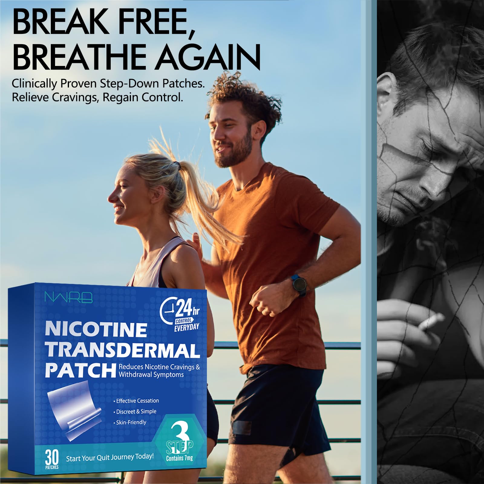 Step one 21mg stop smoking aid transdermal stickers package detailing the twenty four hour continuous release mechanism