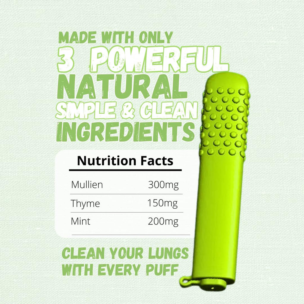 Chewable Breather herbal lung health stick being held to demonstrate its pocket sized bendable portability.