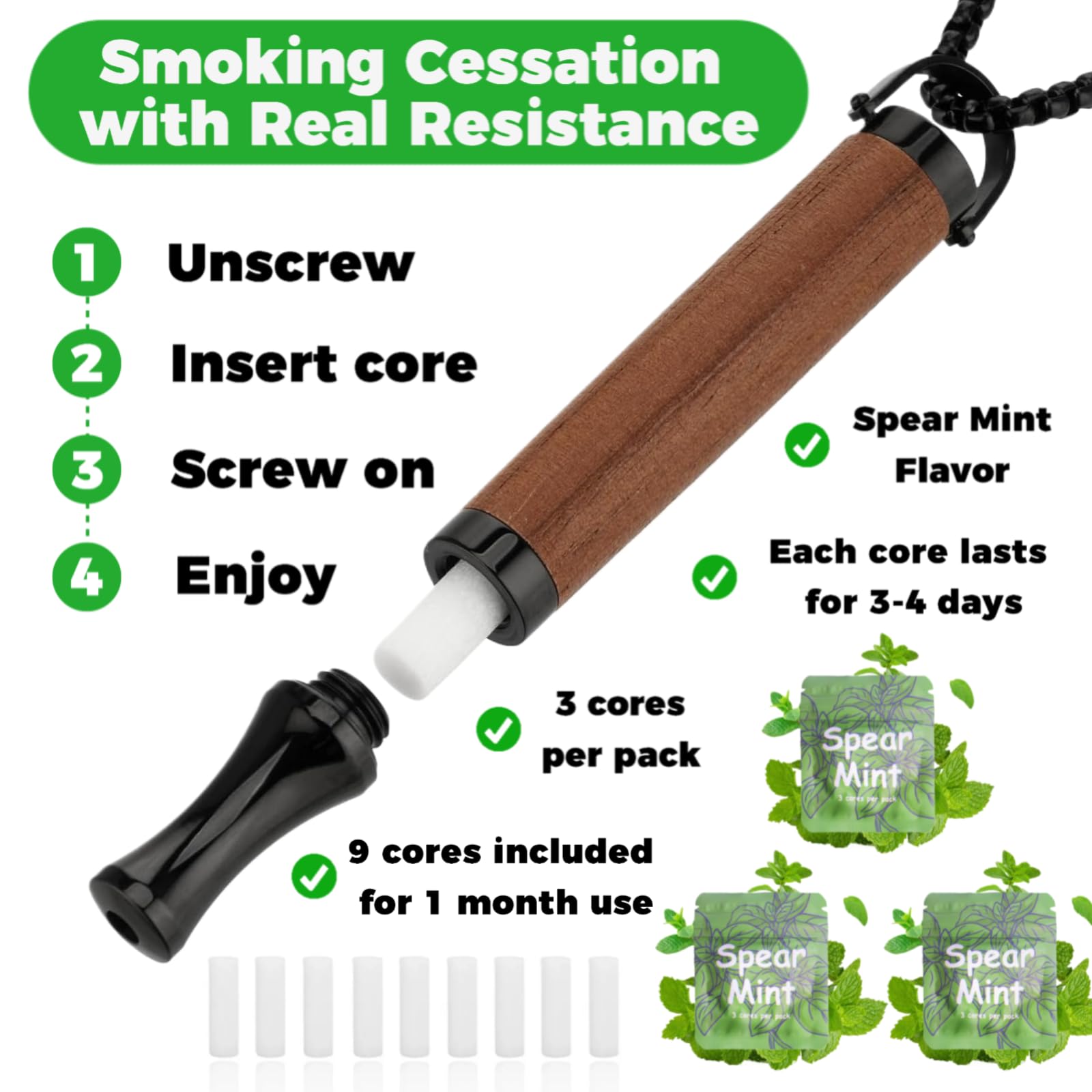 ASTOFLI habit support pendant with its nine pieces of refillable spearmint flavor cores neatly arranged