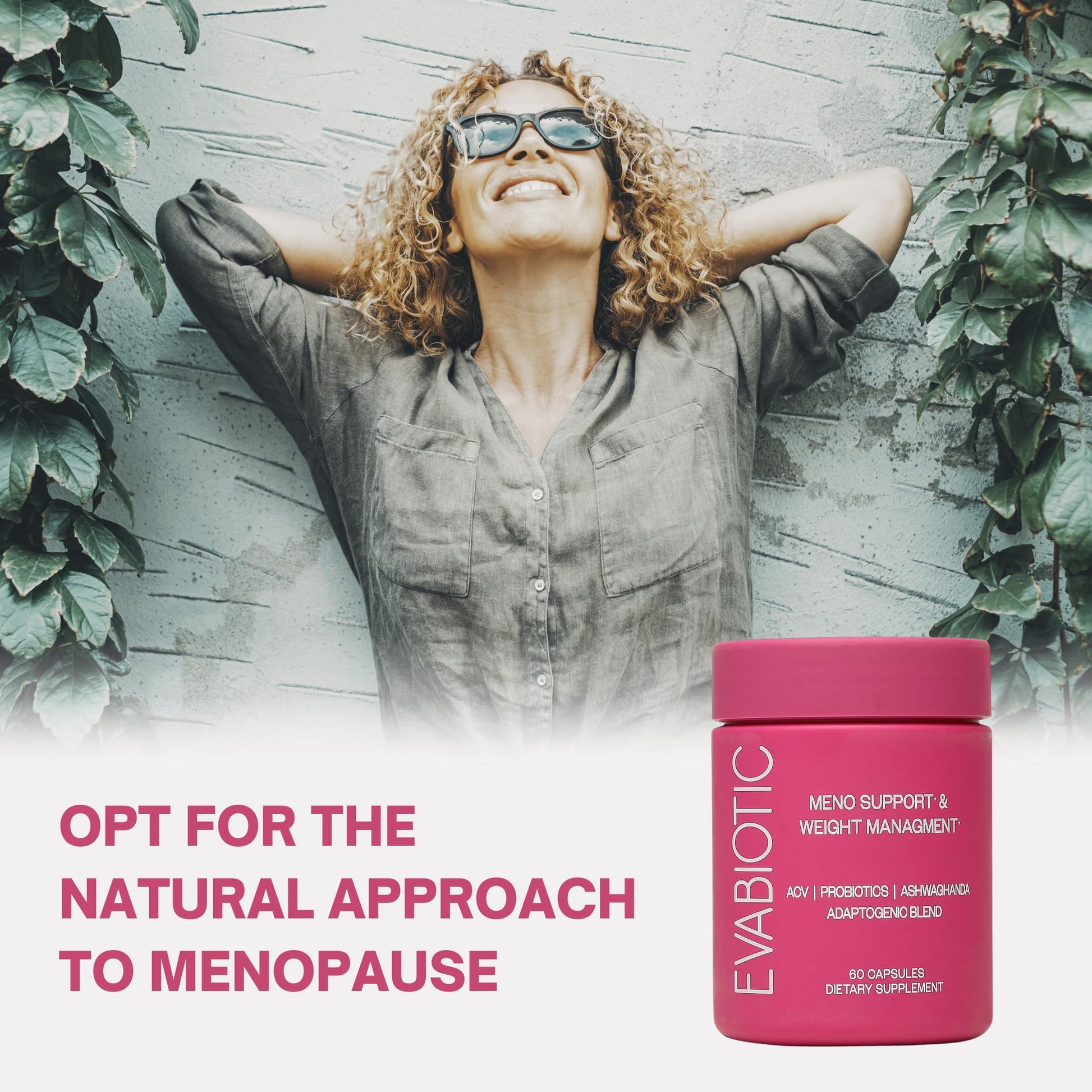 Evabiotic hormone balance supplement capsules with natural ingredients illustration.