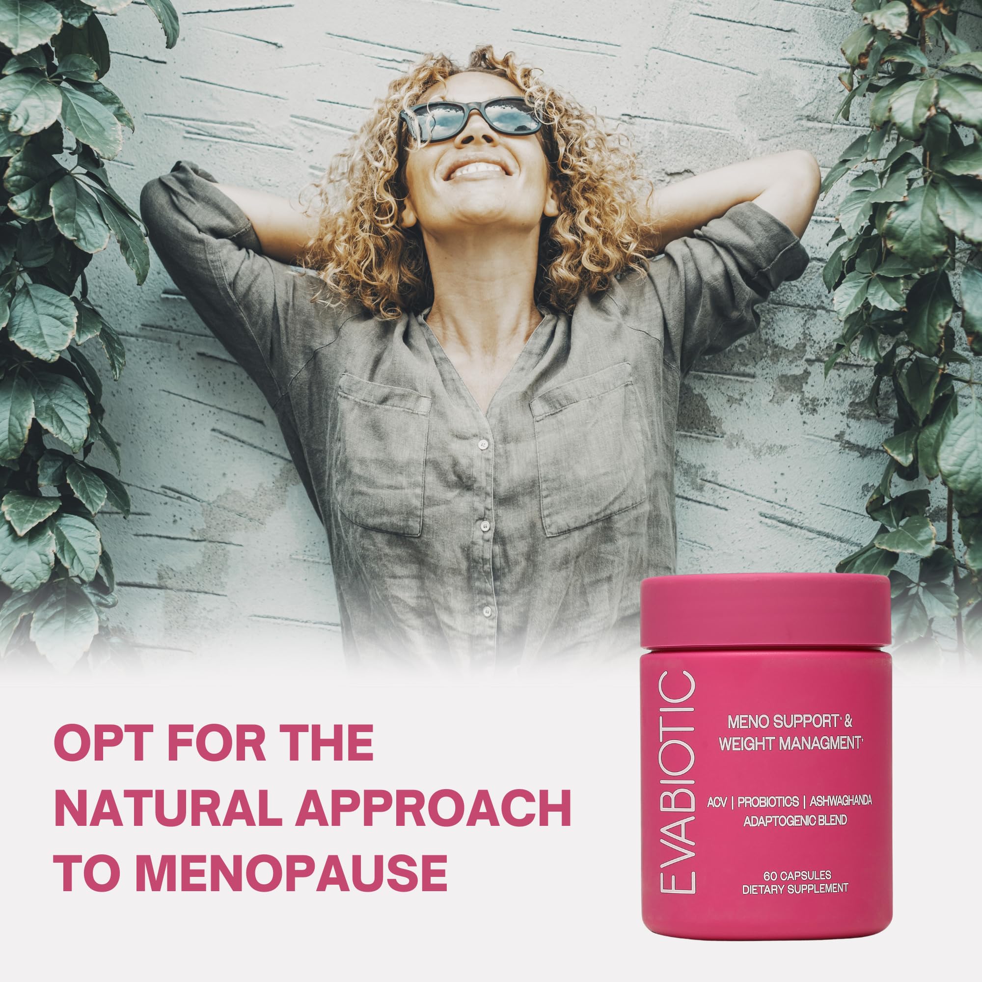Evabiotic hormone balance supplement capsules with natural ingredients illustration.