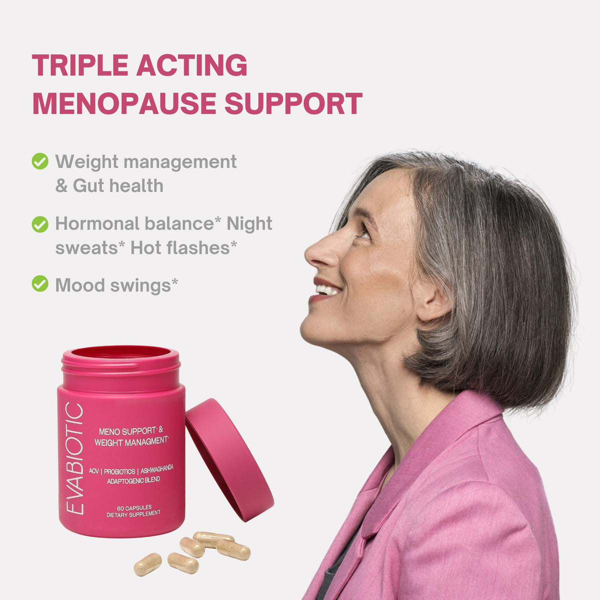 Evabiotic vegan menopause vitamins container showing ingredient highlights