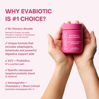 Close-up of non-GMO and gluten-free certifications on the Evabiotic bottle.