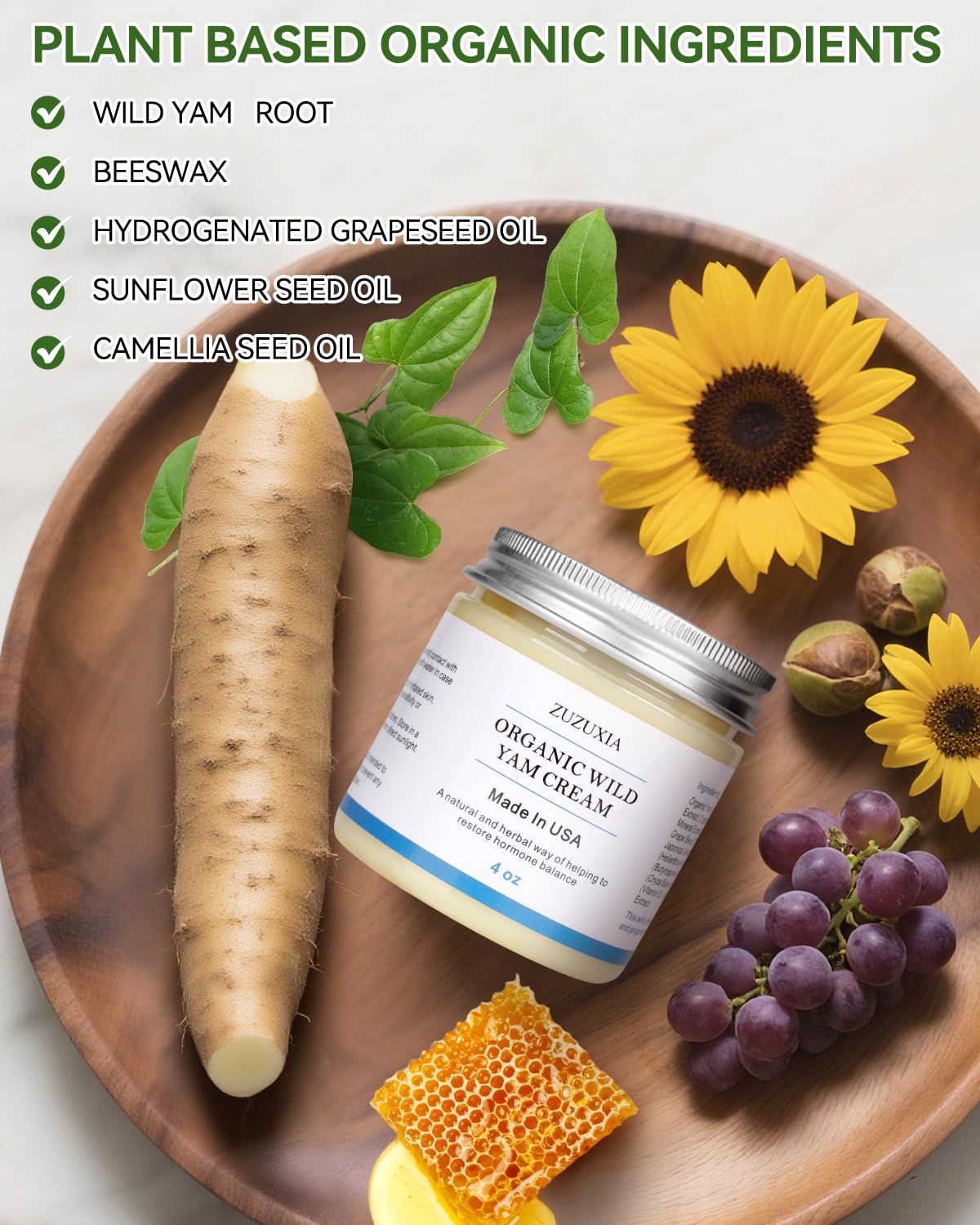 Zuzuxia plant based wild yam cream for hormonal balance tracking label details.