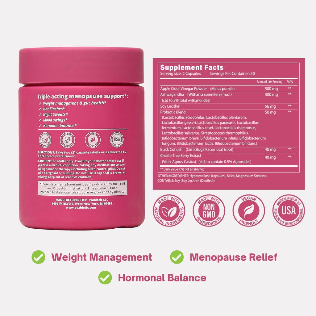 Evabiotic menopause support capsules packaging angle shot