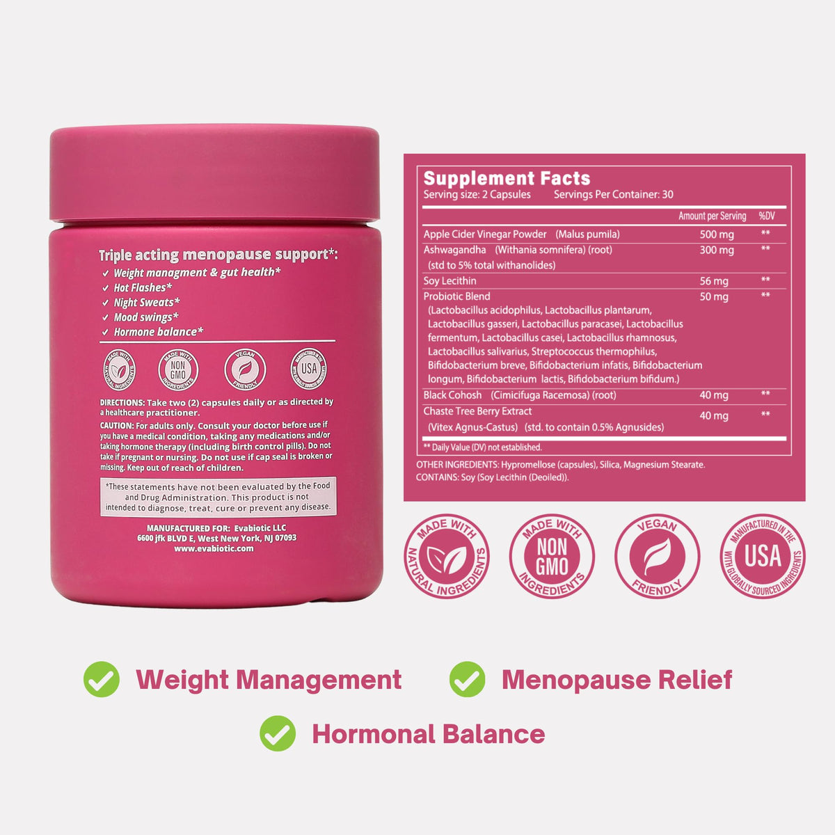 Evabiotic menopause support capsules packaging angle shot