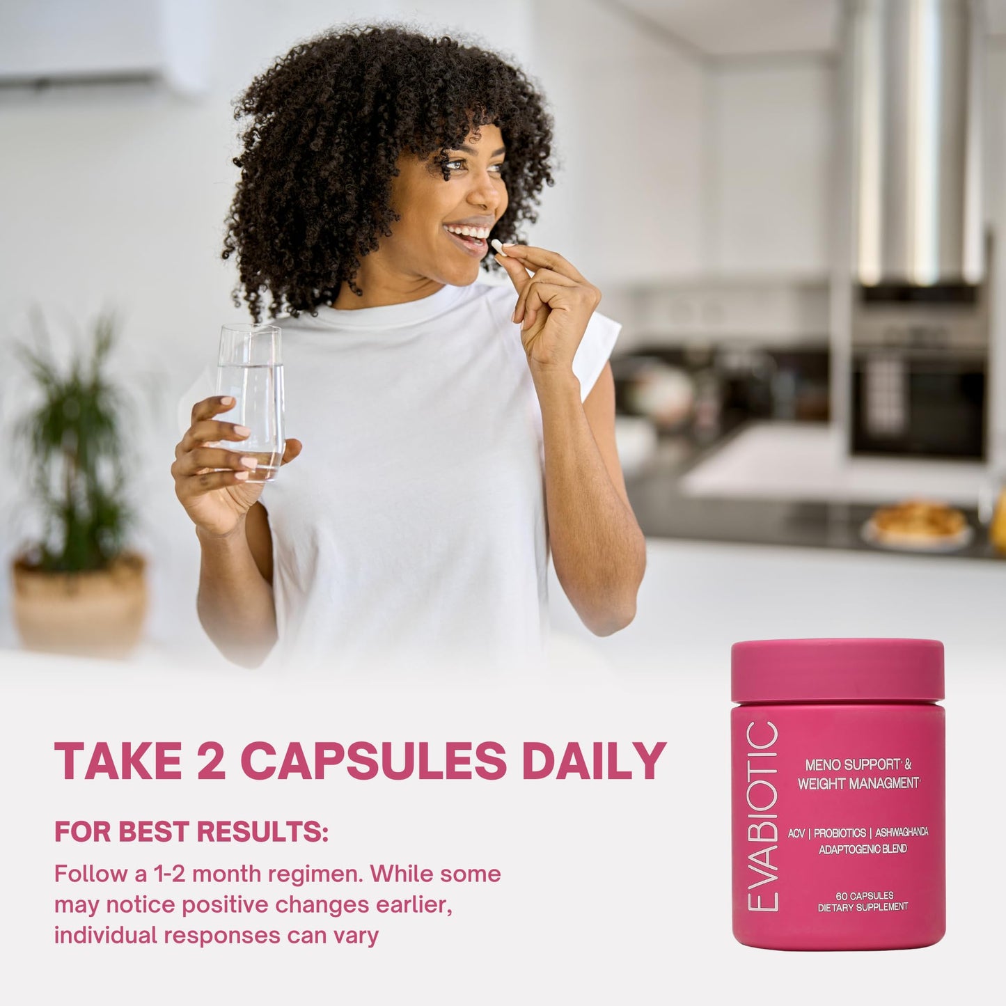 Evabiotic 60 capsules container showing clear daily dosage instructions.