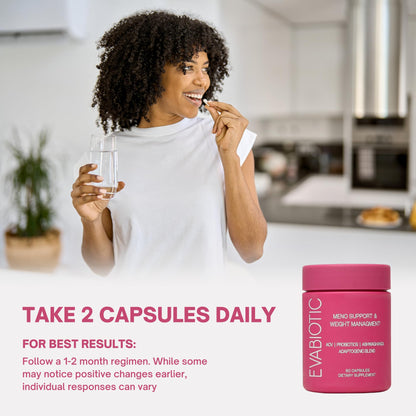 Evabiotic 60 capsules container showing clear daily dosage instructions.