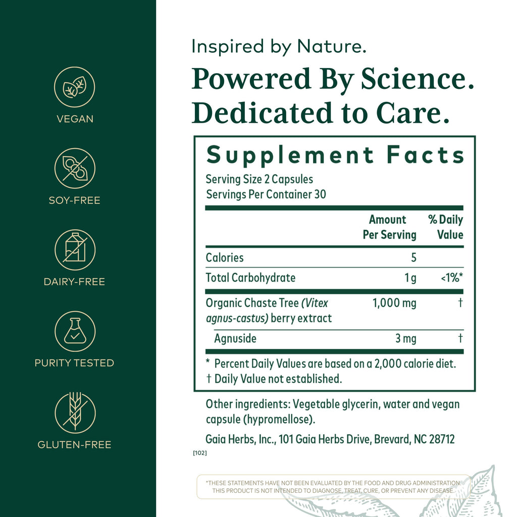 Gaia Herbs Pro Vitex Pro side label showing supplement facts