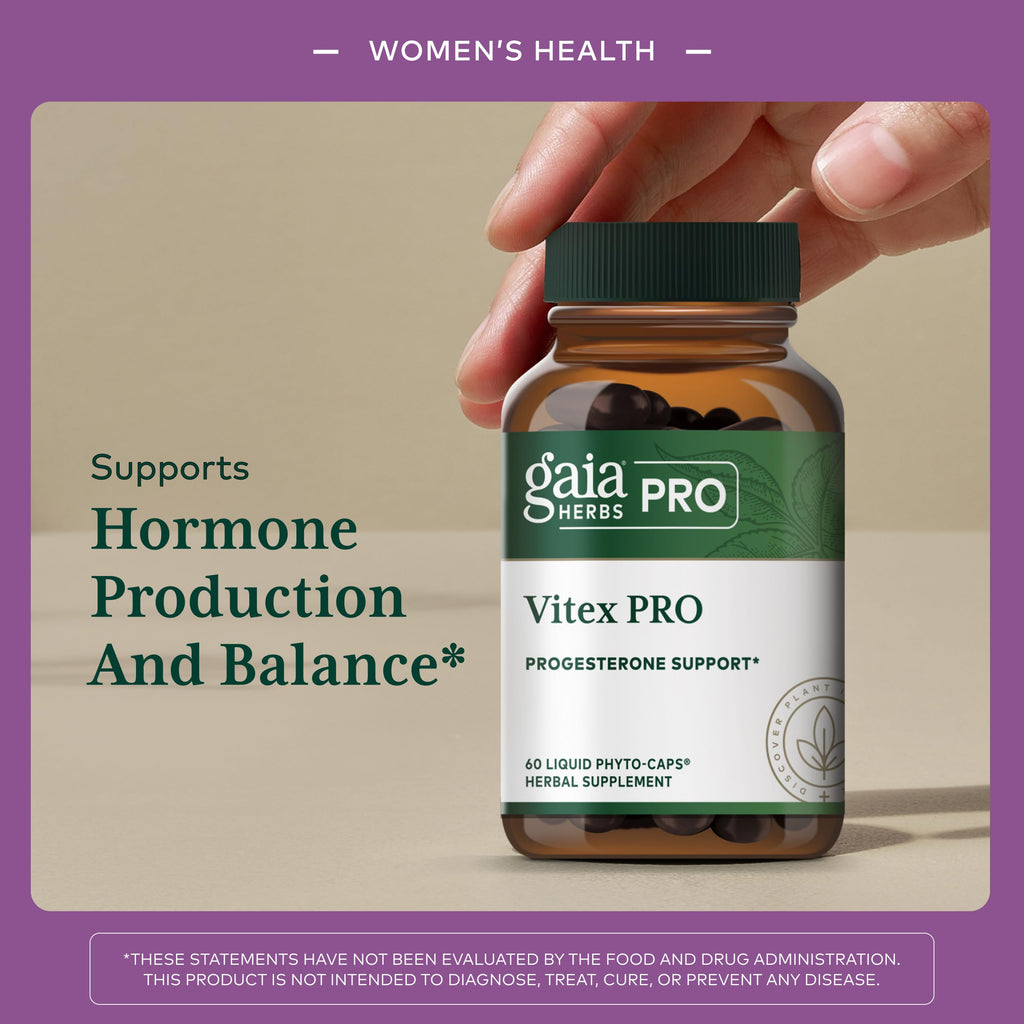 Gaia Herbs Pro Vitex Pro bottle showing liquid phyto-capsules detail