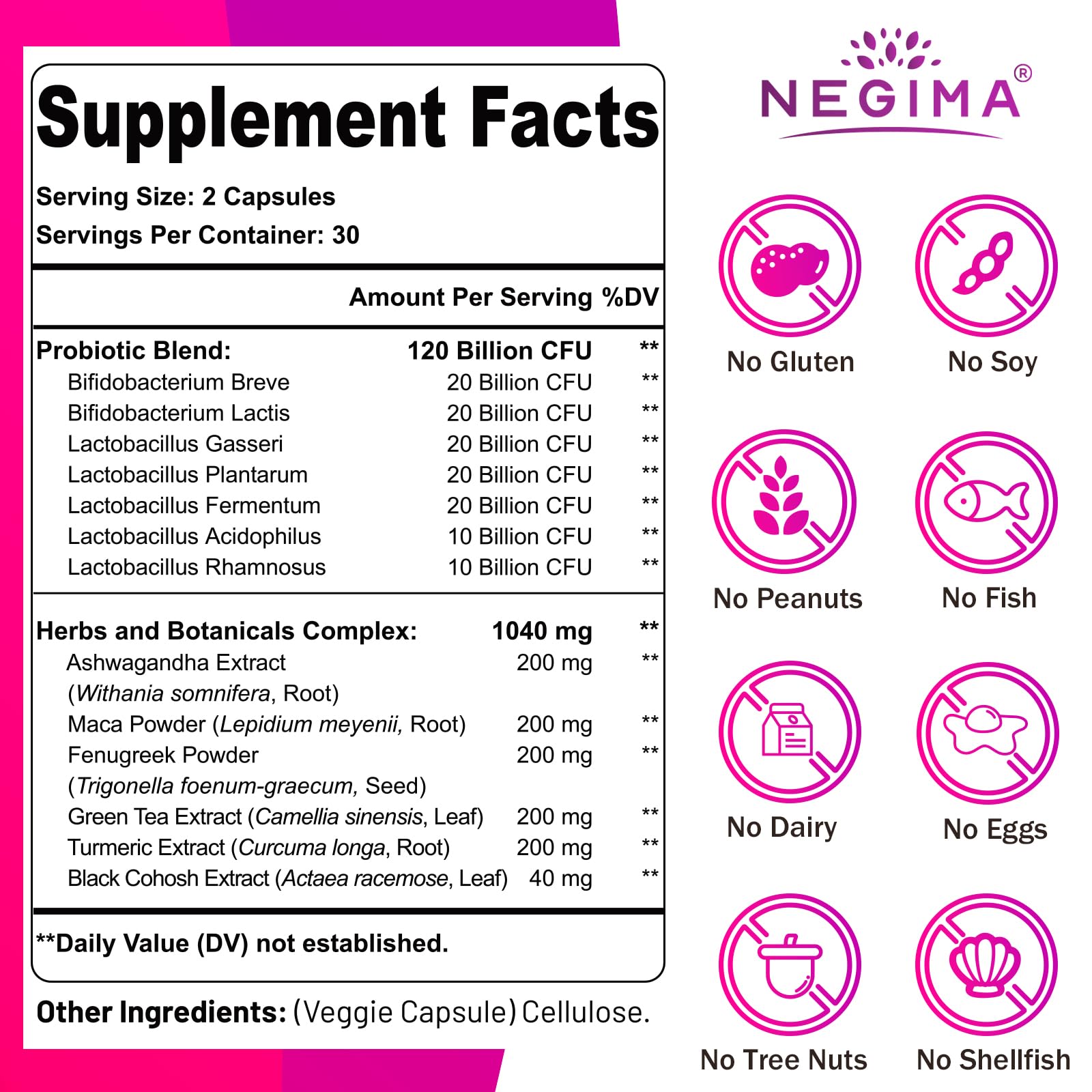 Negima women's probiotic capsule supplement lifestyle shot showing 60 capsules packaging.
