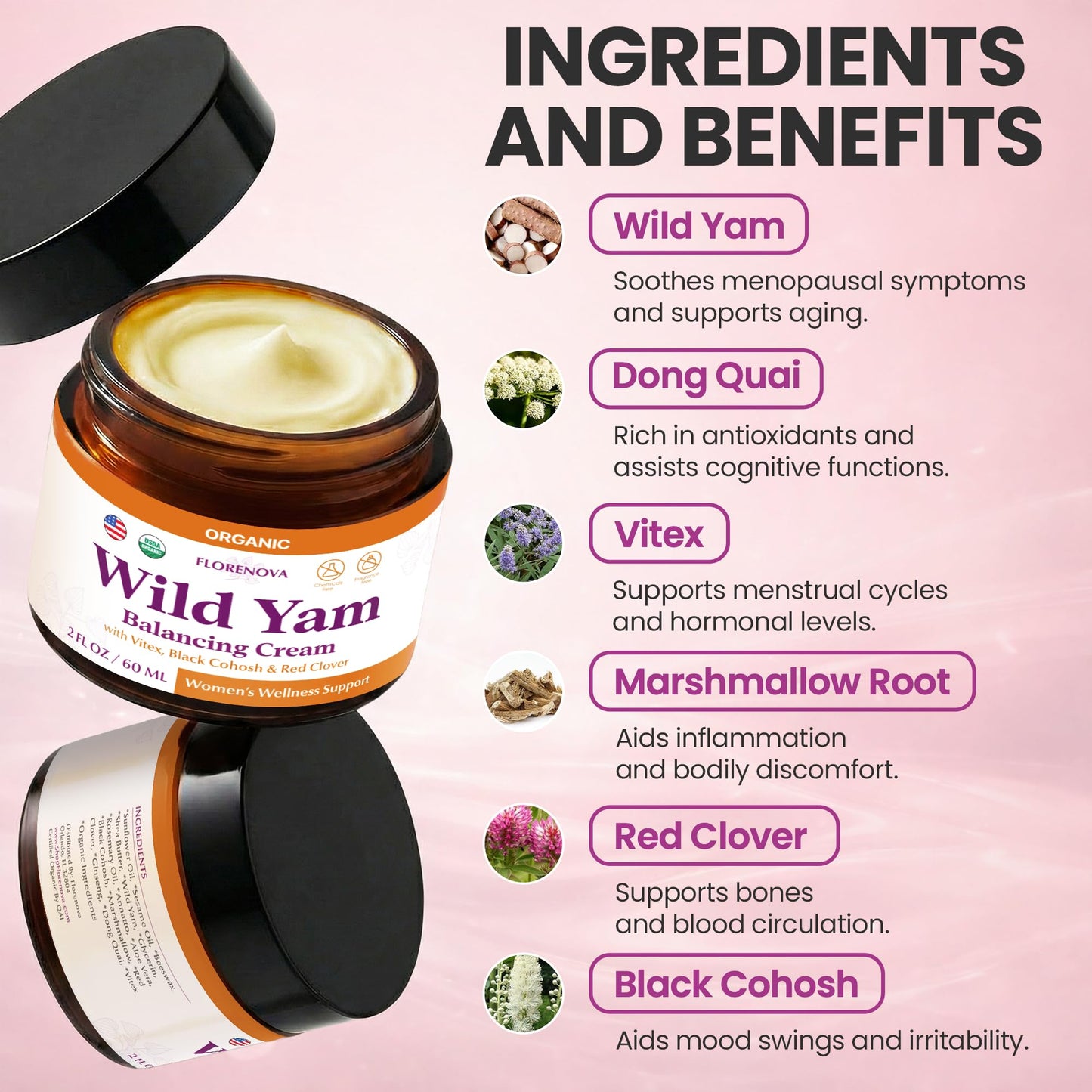 Back label of Florenova wild yam cream with black cohosh and vitex details