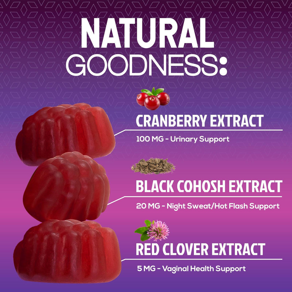 Nature's Nutrition Menopause Probiotic Gummies bottle with gummy texture showcase
