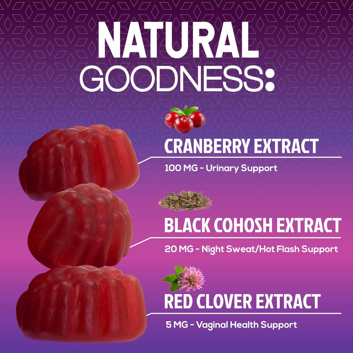 Nature's Nutrition Menopause Probiotic Gummies bottle with gummy texture showcase