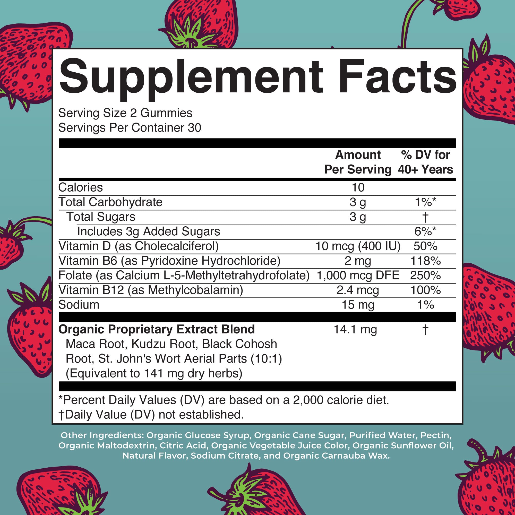 MaryRuth's vegan menopause supplement side panel highlighting the clean herbal ingredients list.