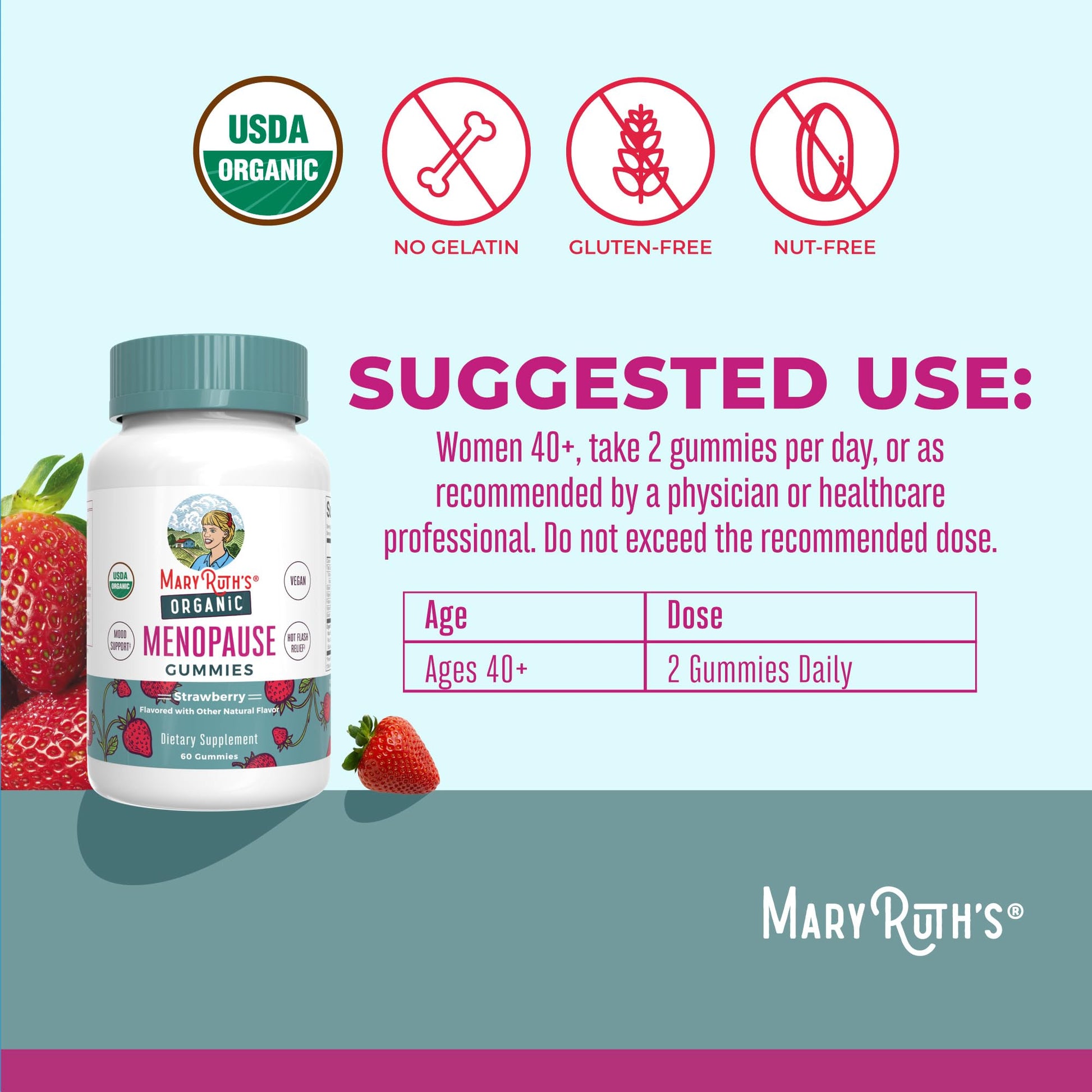 MaryRuth Organics non-GMO hot flash relief chewable vitamins showing sixty strawberry flavored pectin gummies.