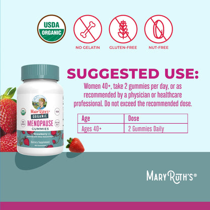 MaryRuth Organics non-GMO hot flash relief chewable vitamins showing sixty strawberry flavored pectin gummies.