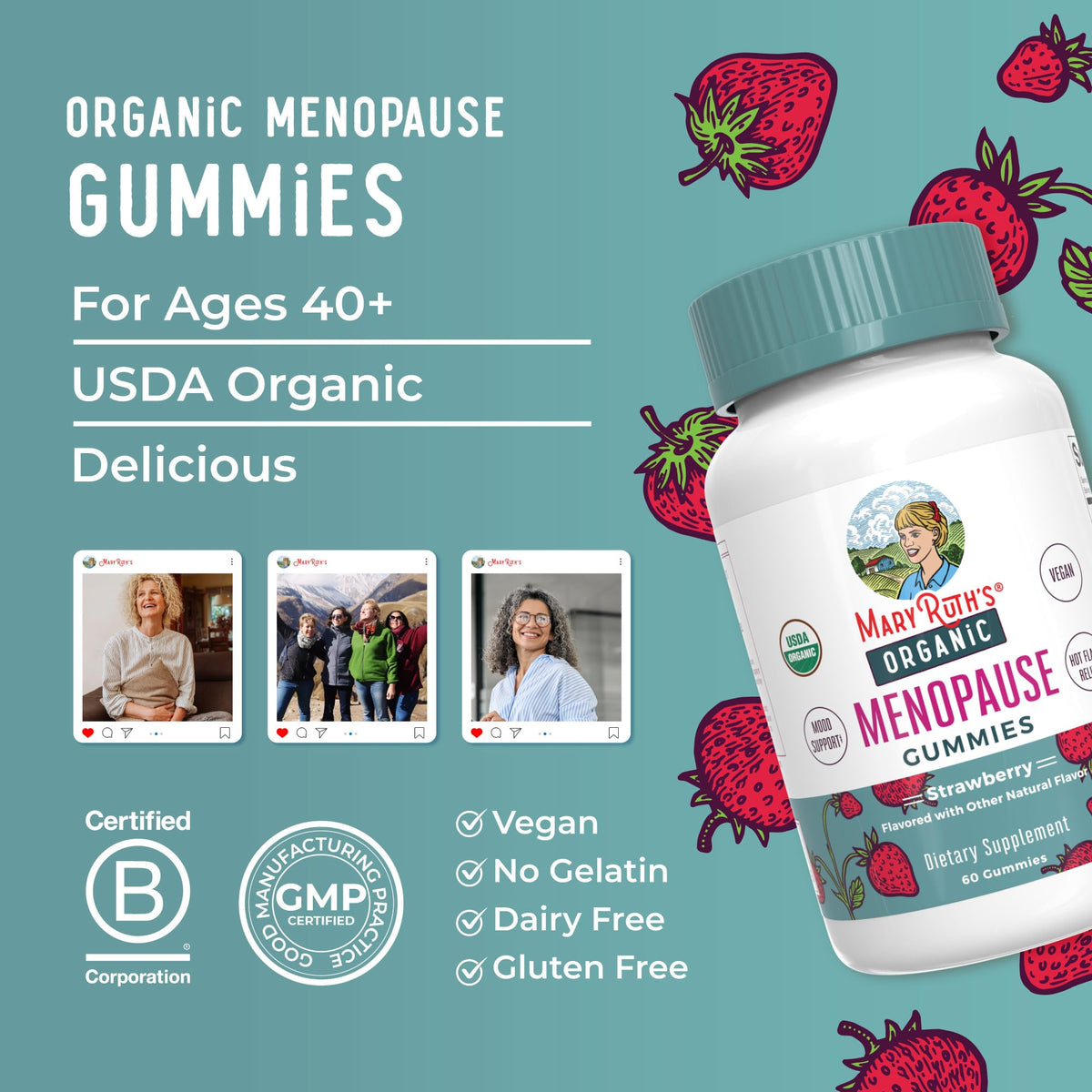 MaryRuth Organics menopause gummies 60 count container placed on clean surface