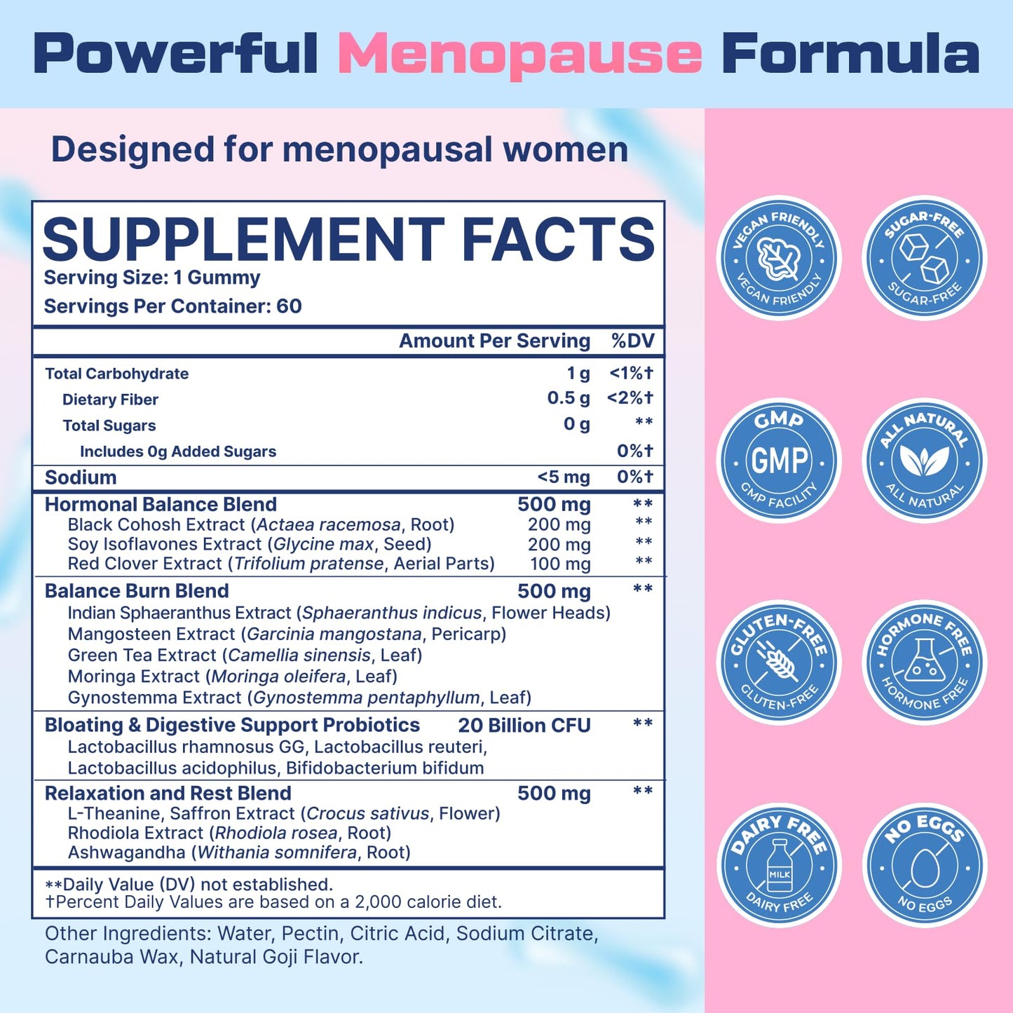Biegeos 16-in-1 probiotic menopause relief sugar-free gummies nutrition facts.
