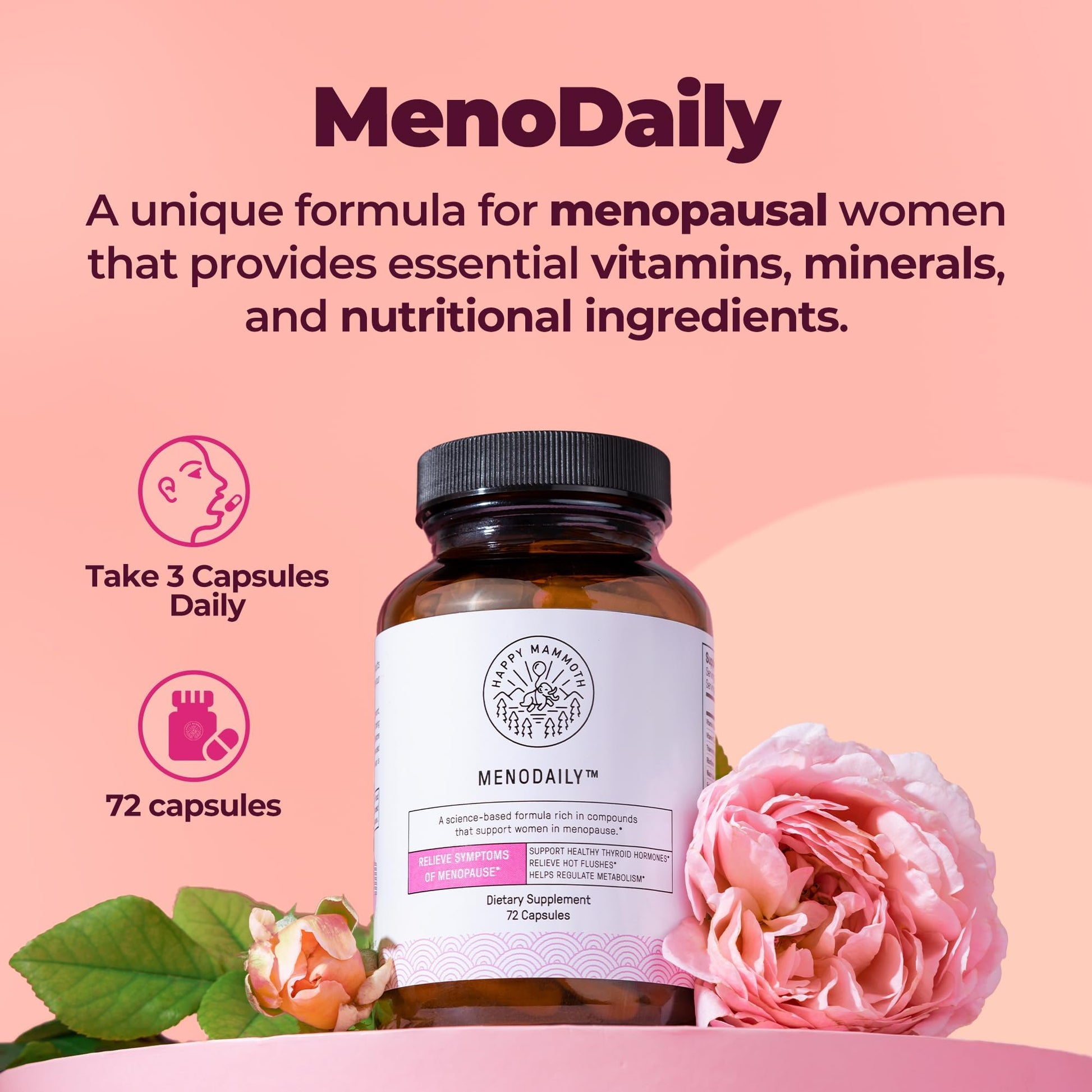 Happy Mammoth Meno Daily supplement for hot flashes and metabolism support side view.