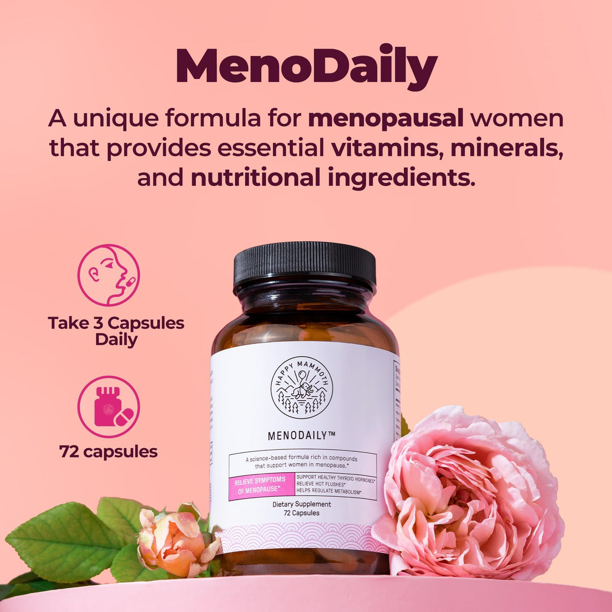 Happy Mammoth MenoDaily dietary supplement bottle side angle view