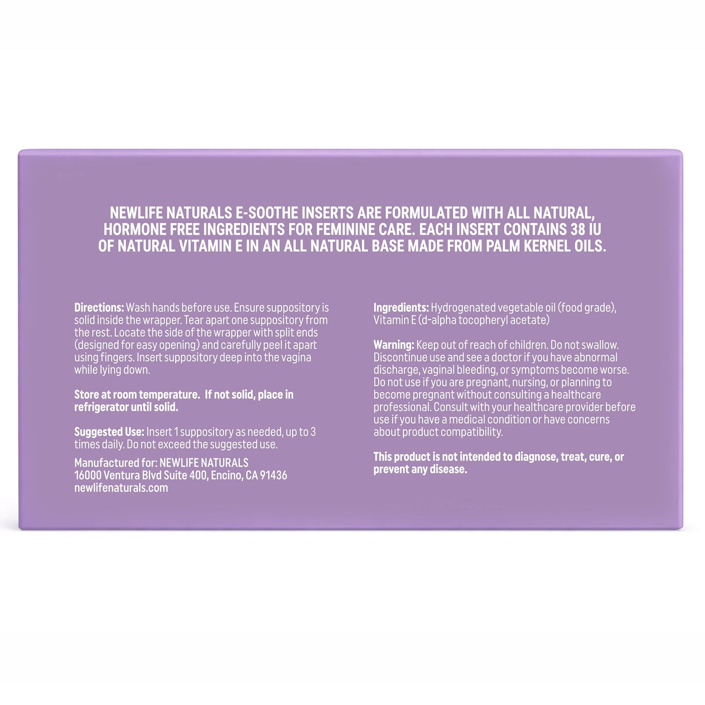 NewLife Naturals Vitamin E inserts for women showing non-GMO palm kernel oil base description