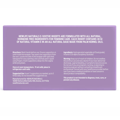 NewLife Naturals Vitamin E inserts for women showing non-GMO palm kernel oil base description