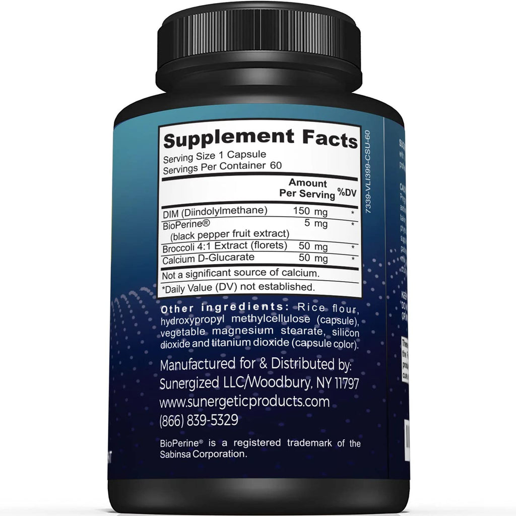 Sunergetic DIM complex supplement label highlighting key active ingredients
